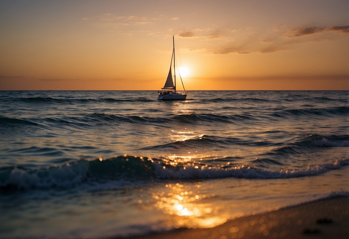 A tranquil seascape at sunset with gentle waves, a colorful sky, and a distant sailboat on the horizon