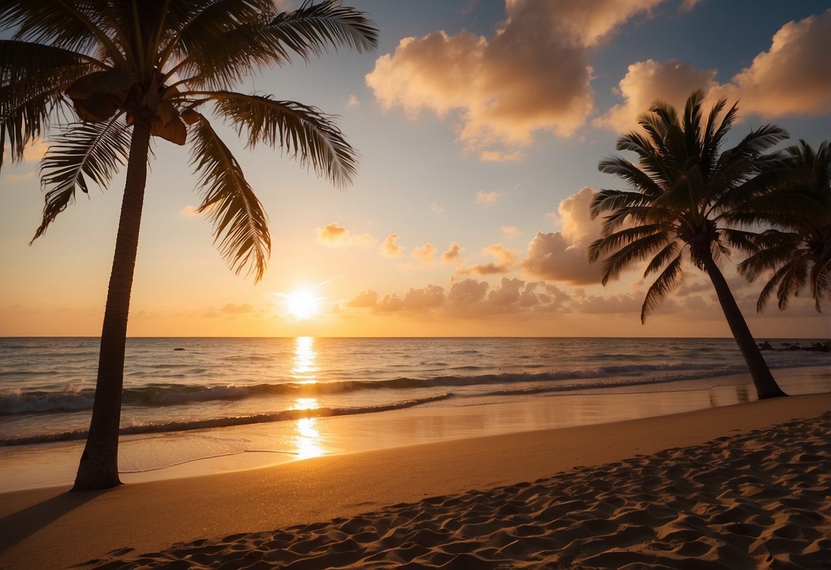 A tranquil beach at sunset, with golden hues reflecting off the calm ocean waters and silhouettes of palm trees against the colorful sky