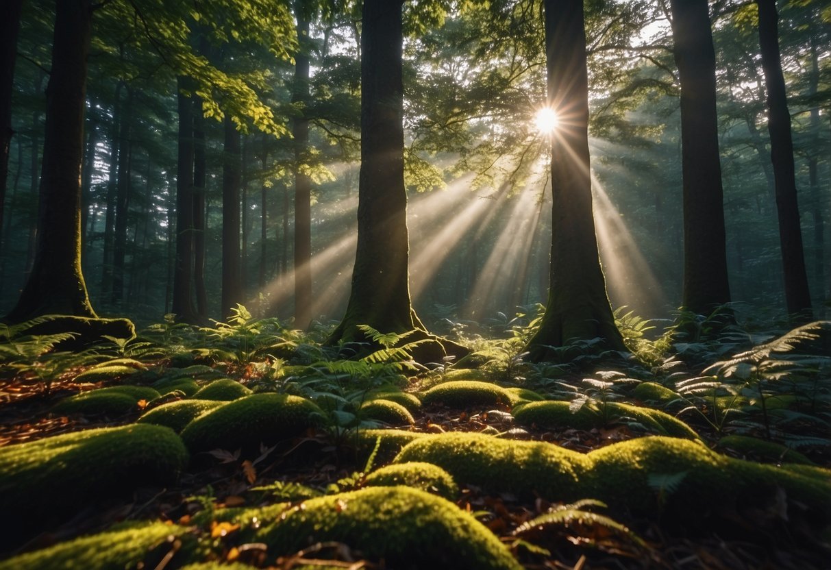 A mystical forest with vibrant colors, towering trees, and magical creatures. Sunlight filters through the foliage, casting a warm glow on the forest floor