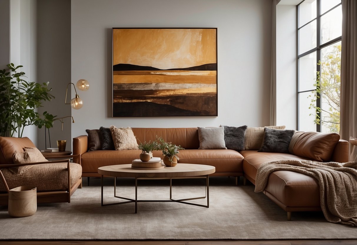 A cozy living room with warm, earthy tones, textured fabrics, and natural elements. A large, abstract oil painting hangs on the wall, adding a pop of color and depth to the space