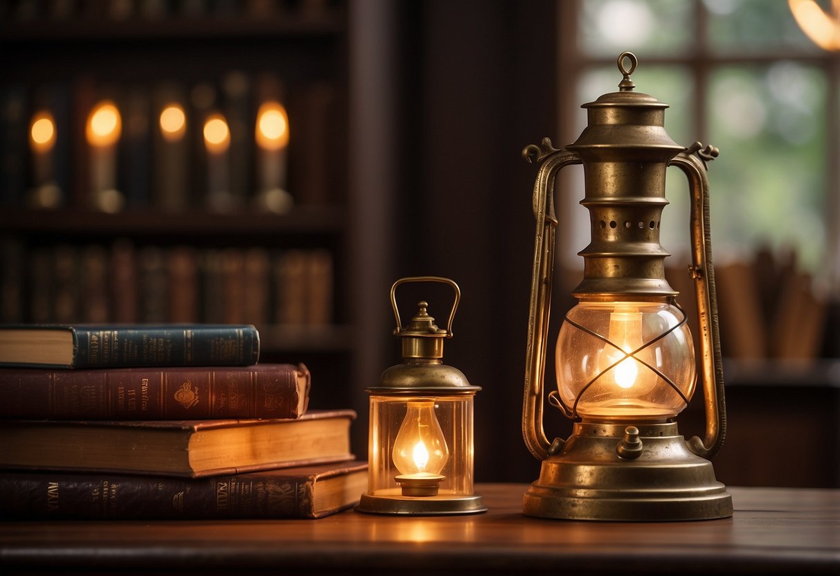 A vintage oil lamp sits on a wooden table, casting a warm glow in a cozy home interior. Surrounding decor includes antique books, a brass compass, and a worn leather armchair