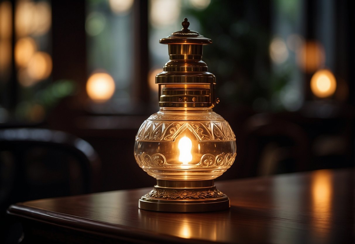 A vintage Victorian glass oil lamp sits on a polished wooden table, casting a warm glow in a dimly lit room