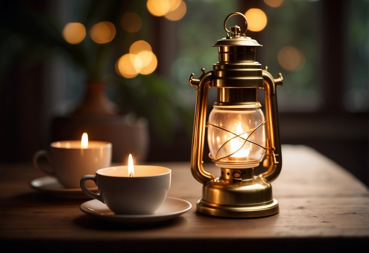 A brass hurricane lamp sits on a wooden table, casting a warm glow in a cozy home setting