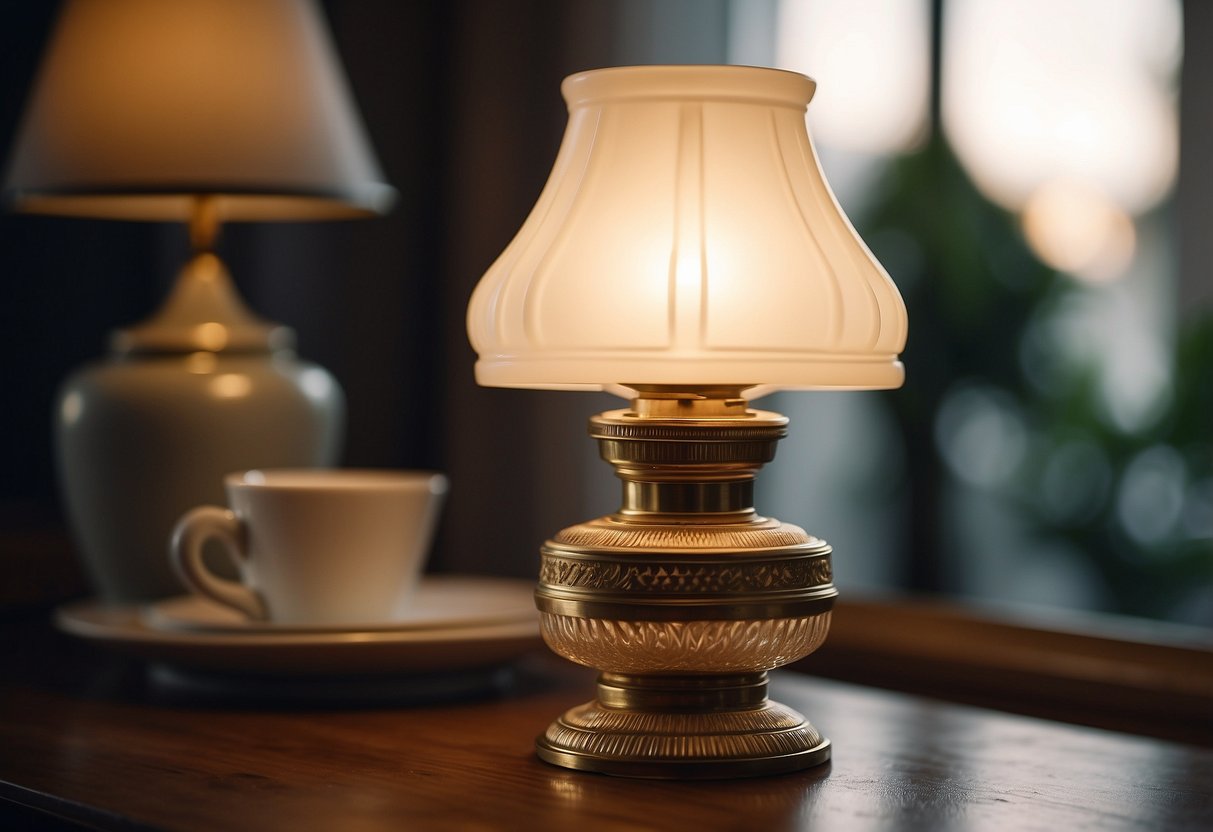 A vintage oil lamp with an Art Deco Milk Glass shade, casting a warm glow in a stylish home decor setting