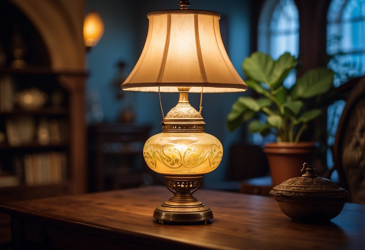 A cozy living room with antique Victorian slag glass lamps casting warm, colorful light on vintage oil lamp decor