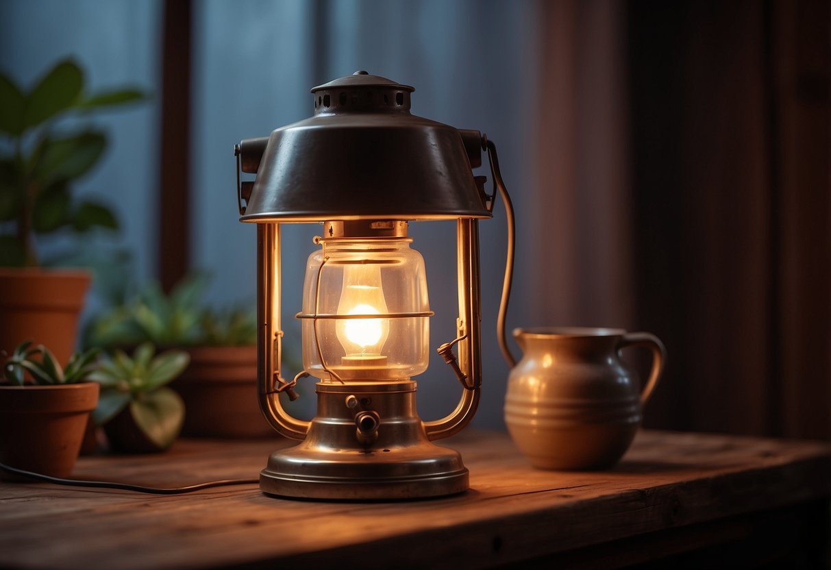 A retro kerosene table lamp sits on a vintage wooden table, casting a warm glow in a cozy home setting