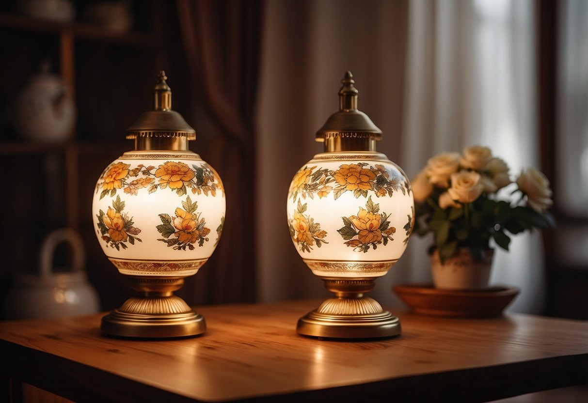 Two vintage porcelain lamps on a wooden table, painted with intricate floral designs. The warm glow of the oil lamps creates a cozy atmosphere in a home