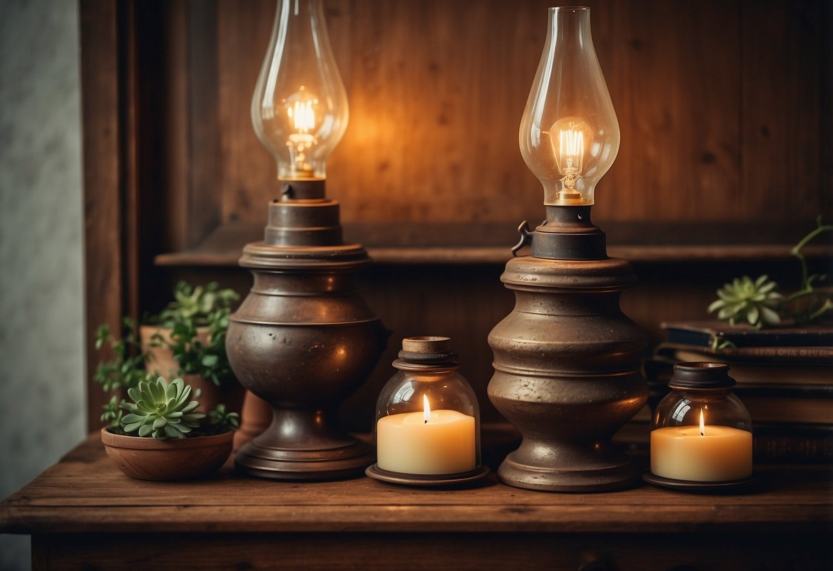 Vintage oil lamps adorn a rustic wooden mantle, casting a warm glow in a cozy living room. They are surrounded by antique books and botanical prints, adding a touch of nostalgia to the home decor