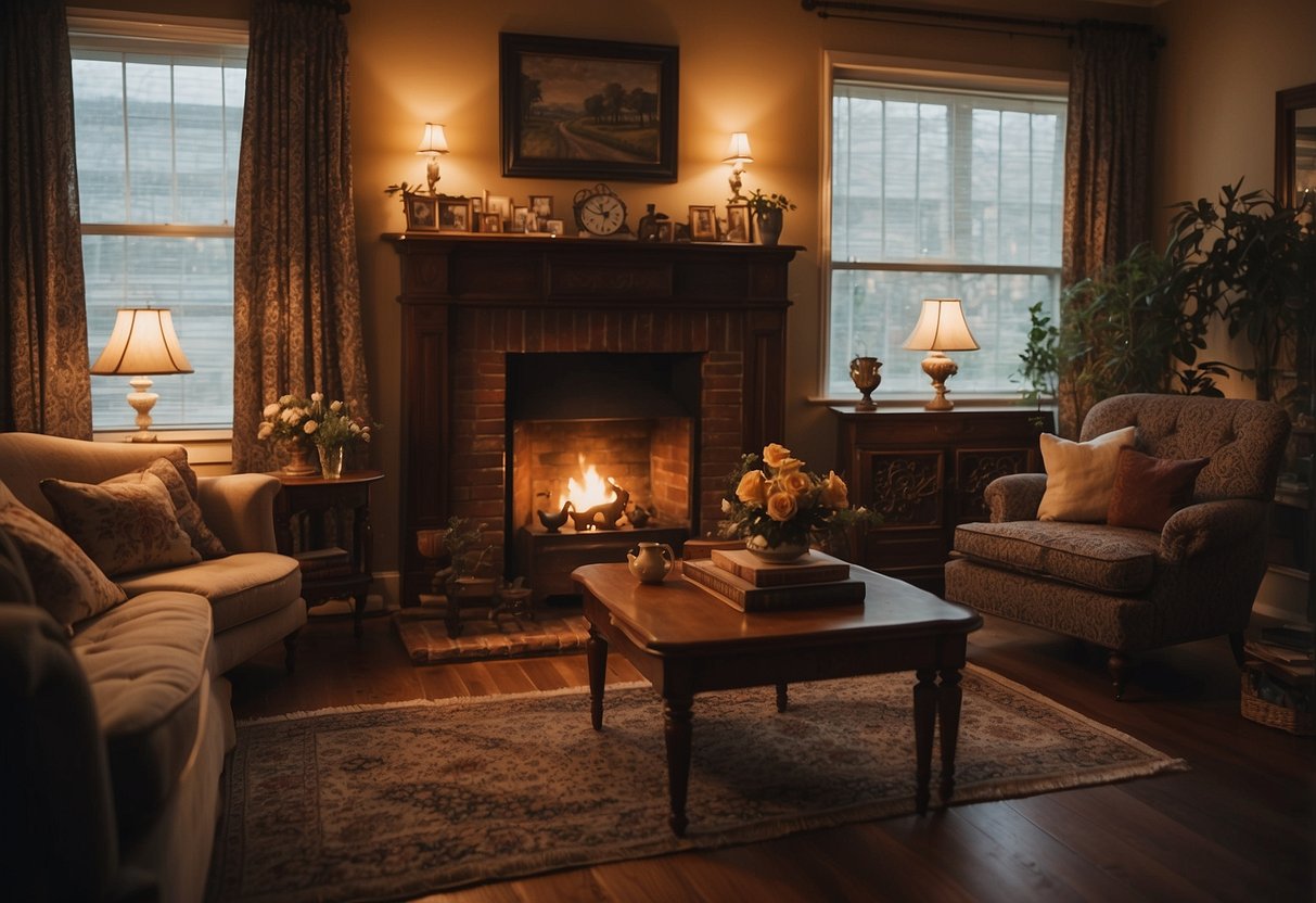 A cozy living room with antique furniture, vintage rugs, and floral curtains. A fireplace with a mantle adorned with family photos and trinkets. Warm lighting and a collection of classic novels on a bookshelf