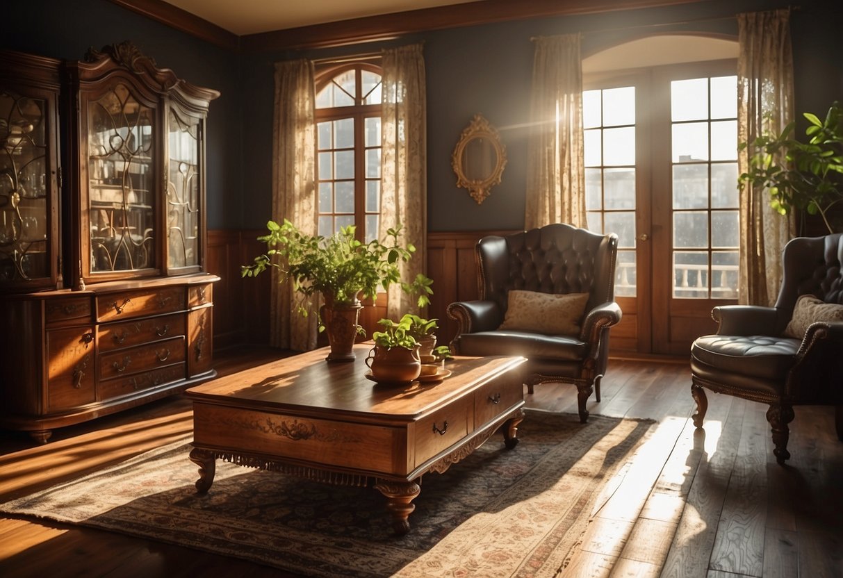 A cozy living room with vintage wooden furniture, including a carved coffee table, ornate chairs, and a grand armoire. Sunlight streams through lace curtains, casting warm shadows on the polished wood surfaces