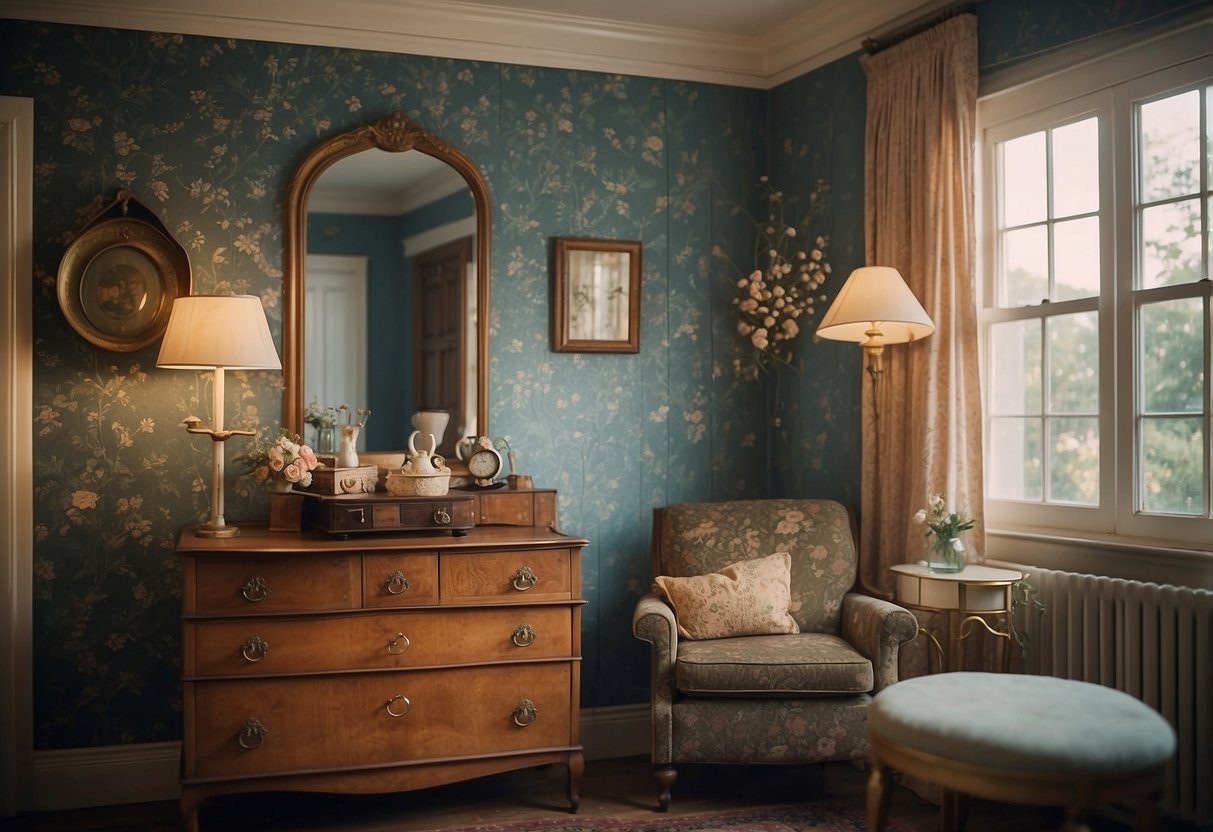 An older home with patterned wallpaper, vintage furniture, and soft lighting