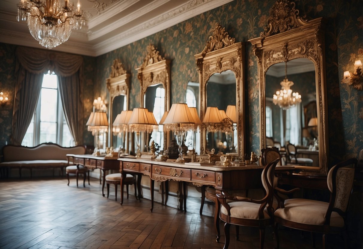 A grand, antique-filled room with ornate mirrors reflecting richly patterned wallpaper and vintage furniture