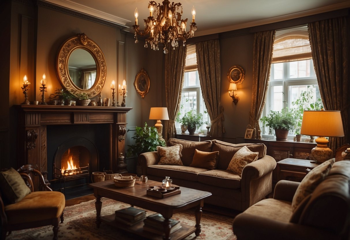 A cozy living room with vintage period light fixtures hanging from the ceiling, casting a warm and inviting glow over the antique furniture and ornate decor