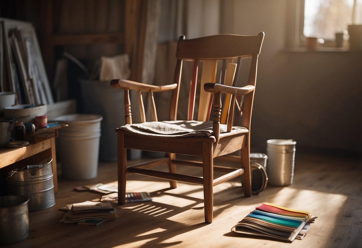 An old wooden chair sits in a sunlit room, surrounded by paint cans, brushes, and fabric swatches. A sketchbook and pencil lay nearby, filled with design ideas for DIY home decor