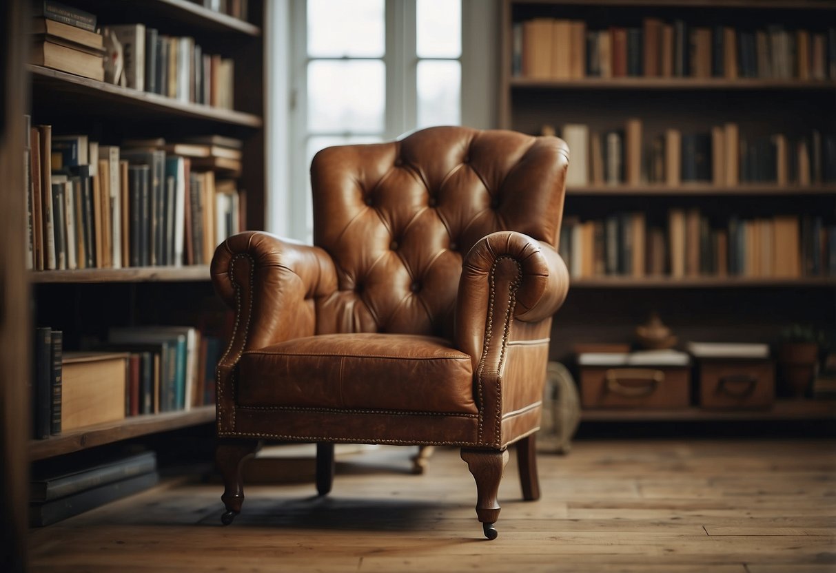 A rustic chair sits next to a bookshelf, showcasing old chair ideas for DIY home decor