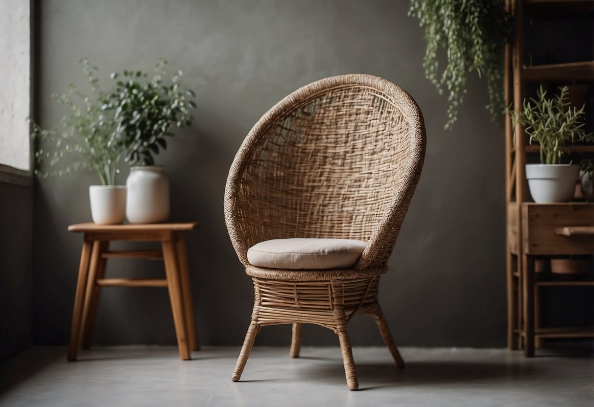 A woven chair hangs on a wall, surrounded by other old chair ideas. It serves as DIY home decor, adding a rustic touch to the space