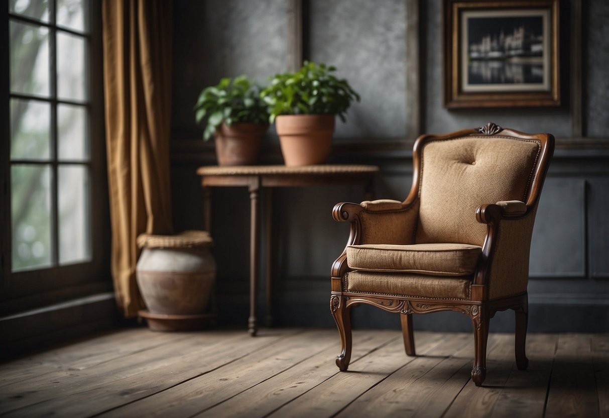 An old chair with a worn seat sits next to a picture frame. DIY home decor ideas are scattered around, hinting at creative possibilities