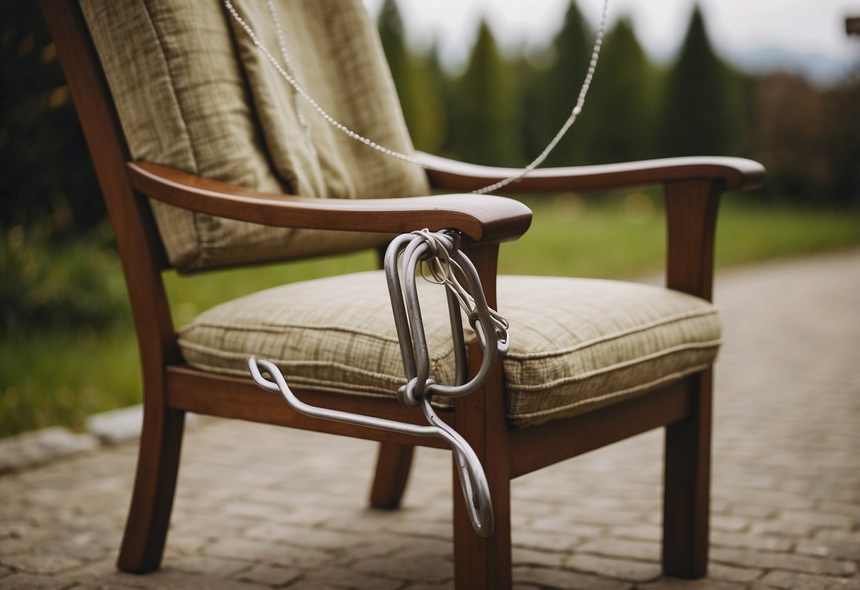 An old chair with a coat hanger on the arm, DIY home decor idea