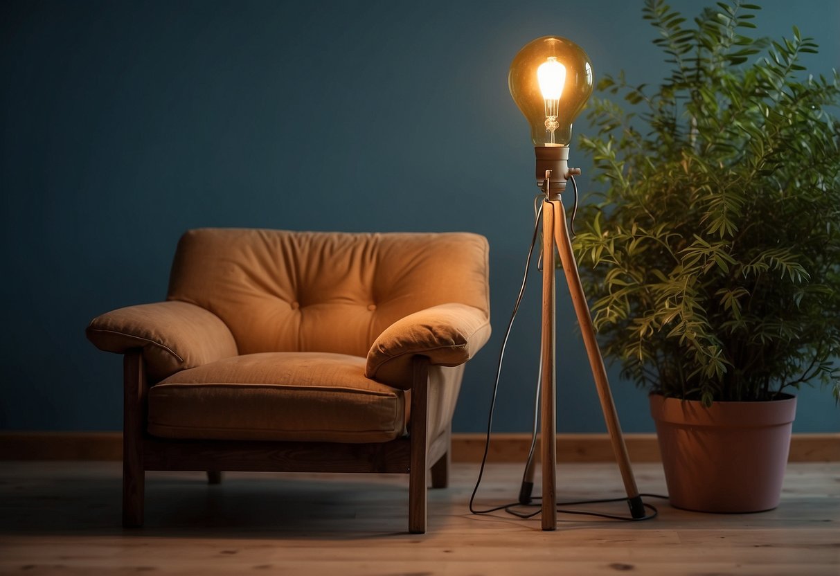 An old wooden chair repurposed into a lamp stand, with a lightbulb attached to one of its legs. Perfect for DIY home decor