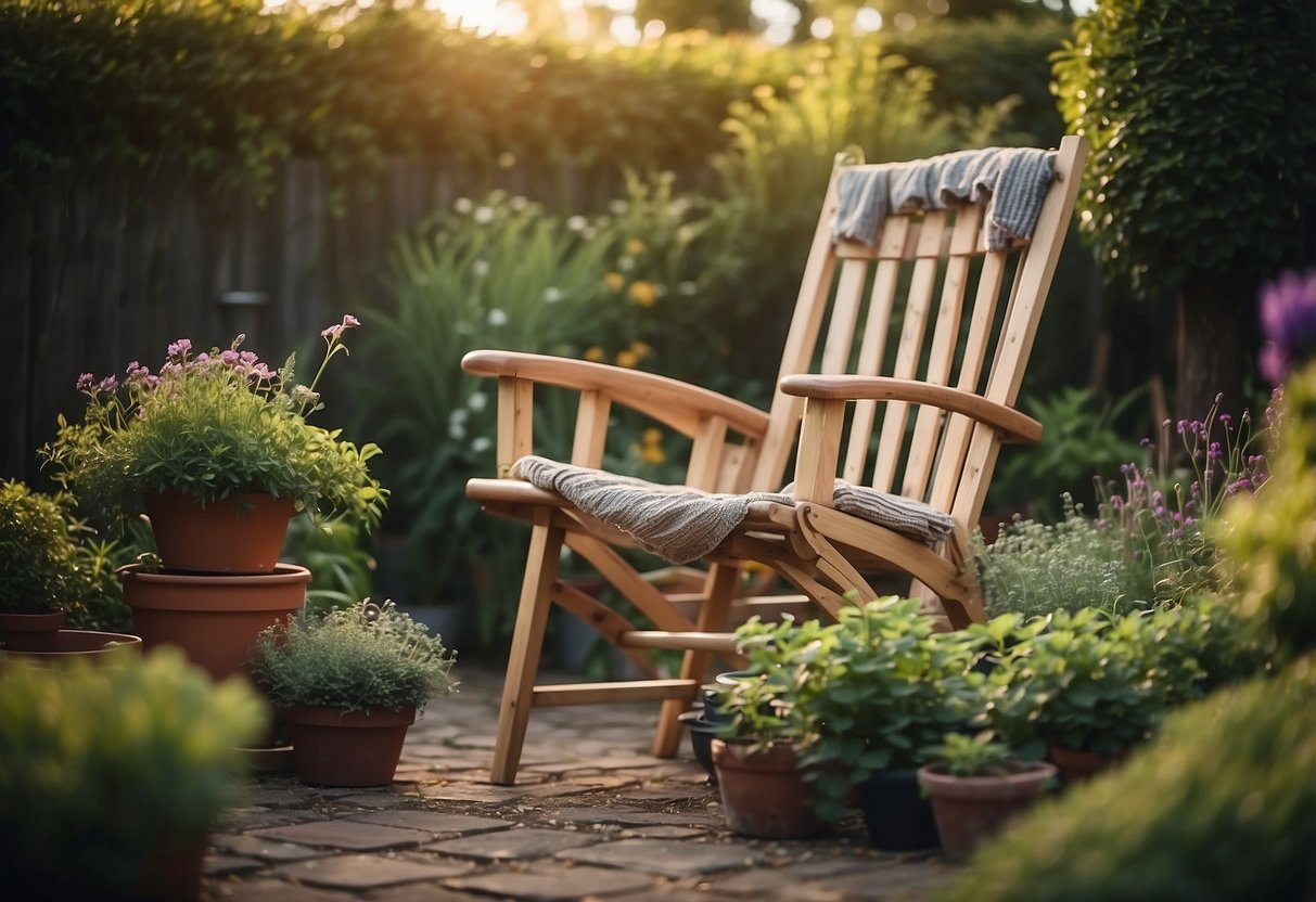 A chair frame sits in a garden, adorned with a ladder and DIY home decor. Old chair ideas inspire creativity in the outdoor space