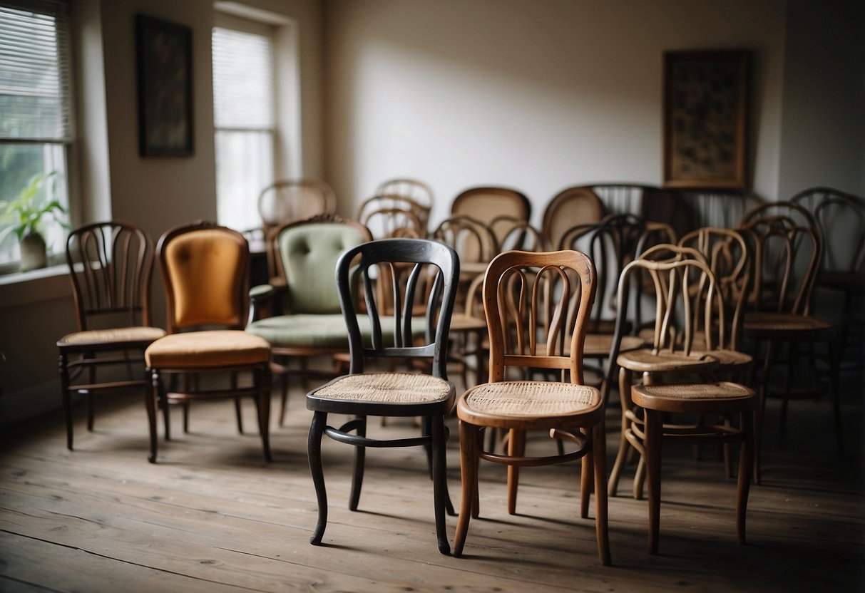 A collection of various old chairs, each with unique styles and designs, arranged in a room with DIY home decor elements