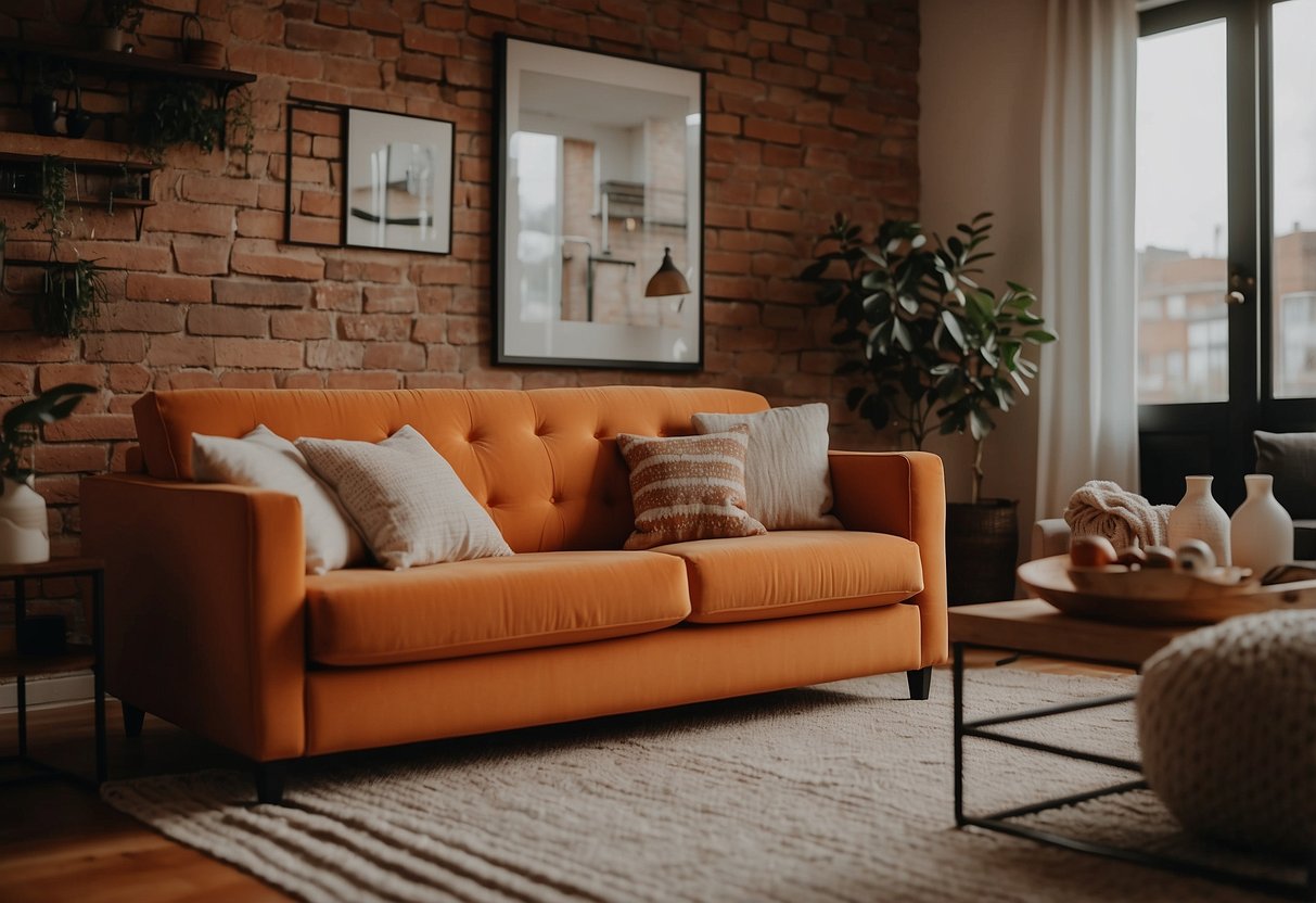 An orange couch sits in a cozy living room, surrounded by earthy tones and warm lighting. Throw pillows and a soft blanket add comfort and style to the inviting space