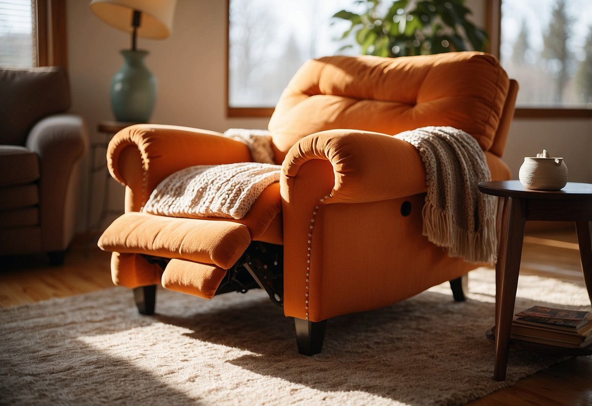 A vibrant orange recliner sits in a cozy living room, surrounded by colorful throw pillows and a soft, fluffy rug. The sunlight streams in through the window, casting a warm glow on the inviting piece of furniture