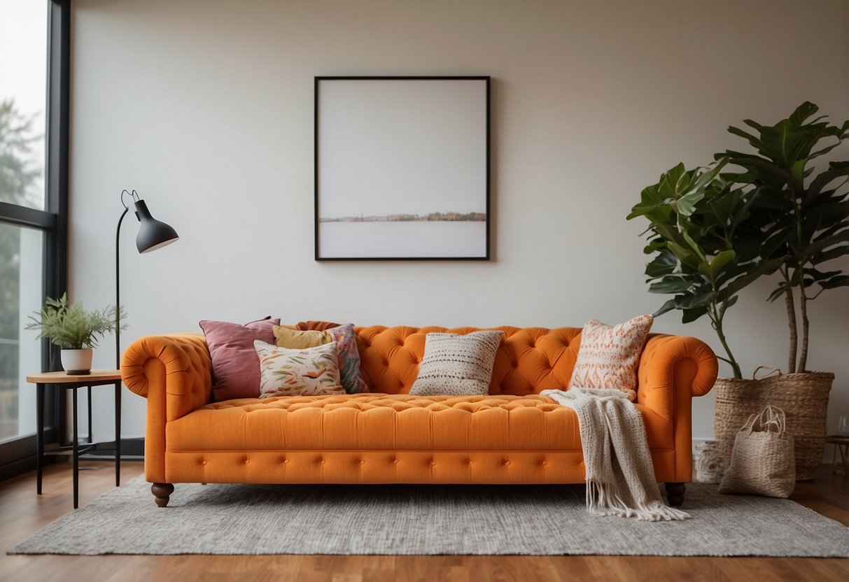 An orange tufted Chesterfield couch sits in a well-lit living room, adorned with colorful throw pillows and a cozy knit blanket