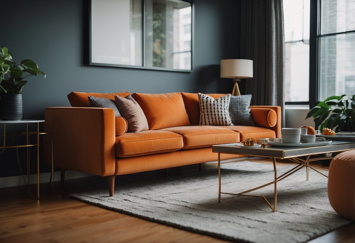 A sleek orange sleeper sofa sits in a modern living room, adorned with vibrant throw pillows and surrounded by contemporary home decor