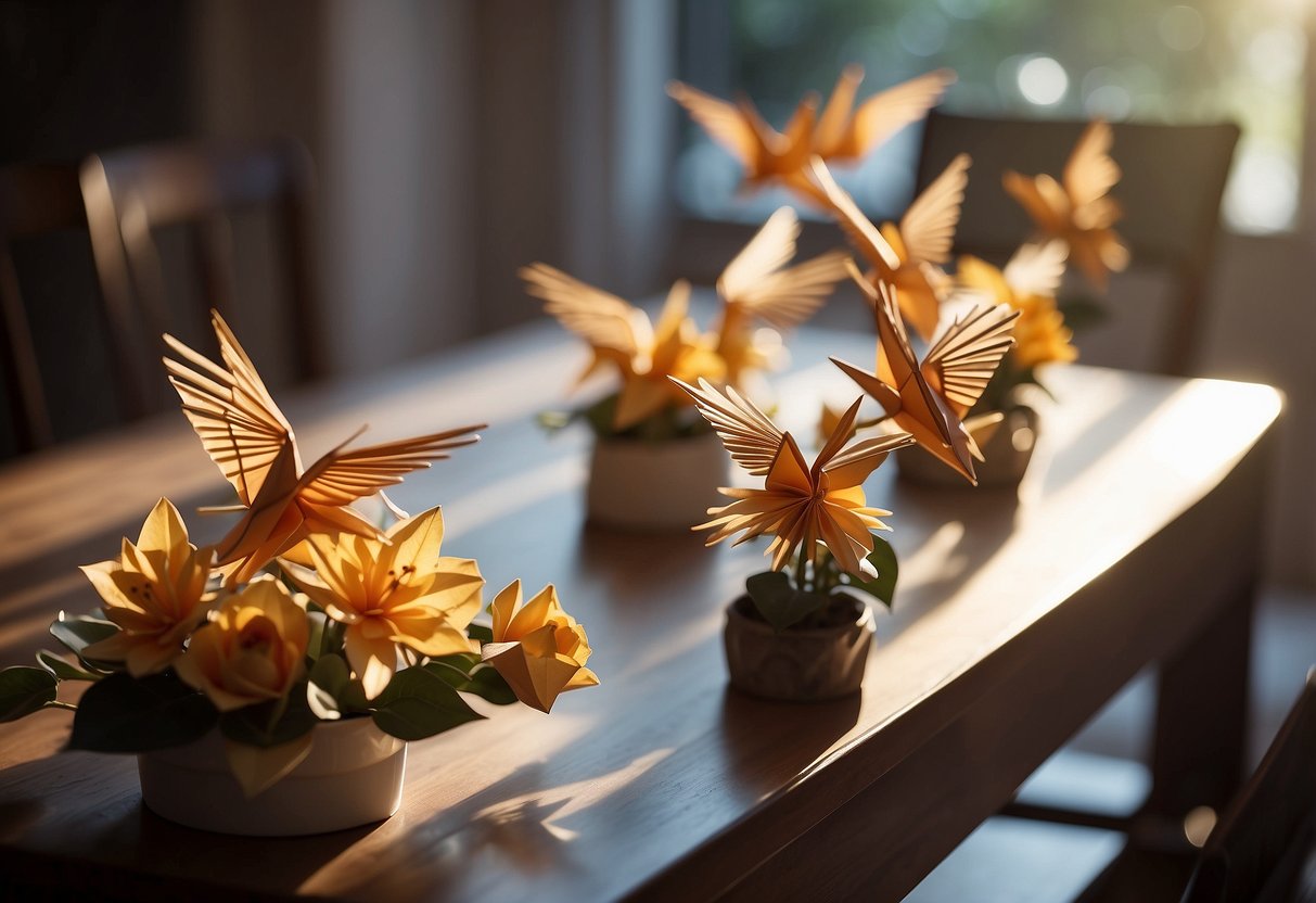 A table adorned with origami cranes, flowers, and geometric shapes. Soft lighting casts shadows, creating a serene atmosphere