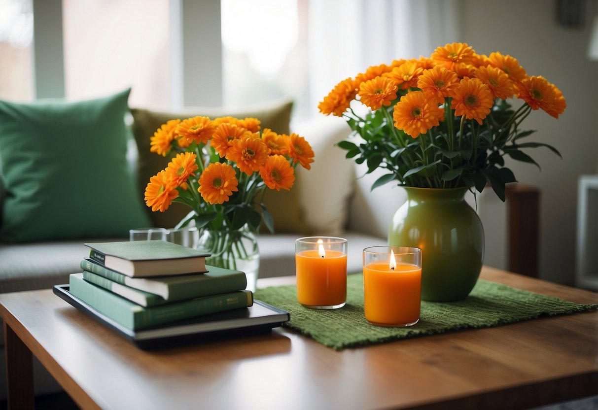 A living room with orange throw pillows and green accent rugs. A vase of orange flowers sits on a green coffee table