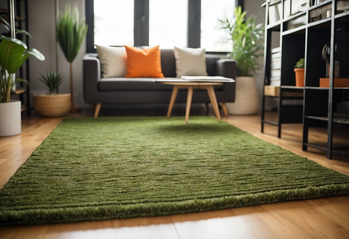 An olive green area rug sits in a room adorned with orange and green decor