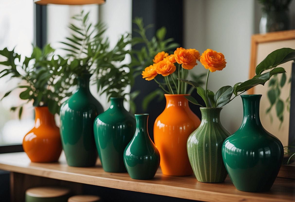 Emerald ceramic vases sit on a wooden shelf, surrounded by vibrant orange and green home decor accents