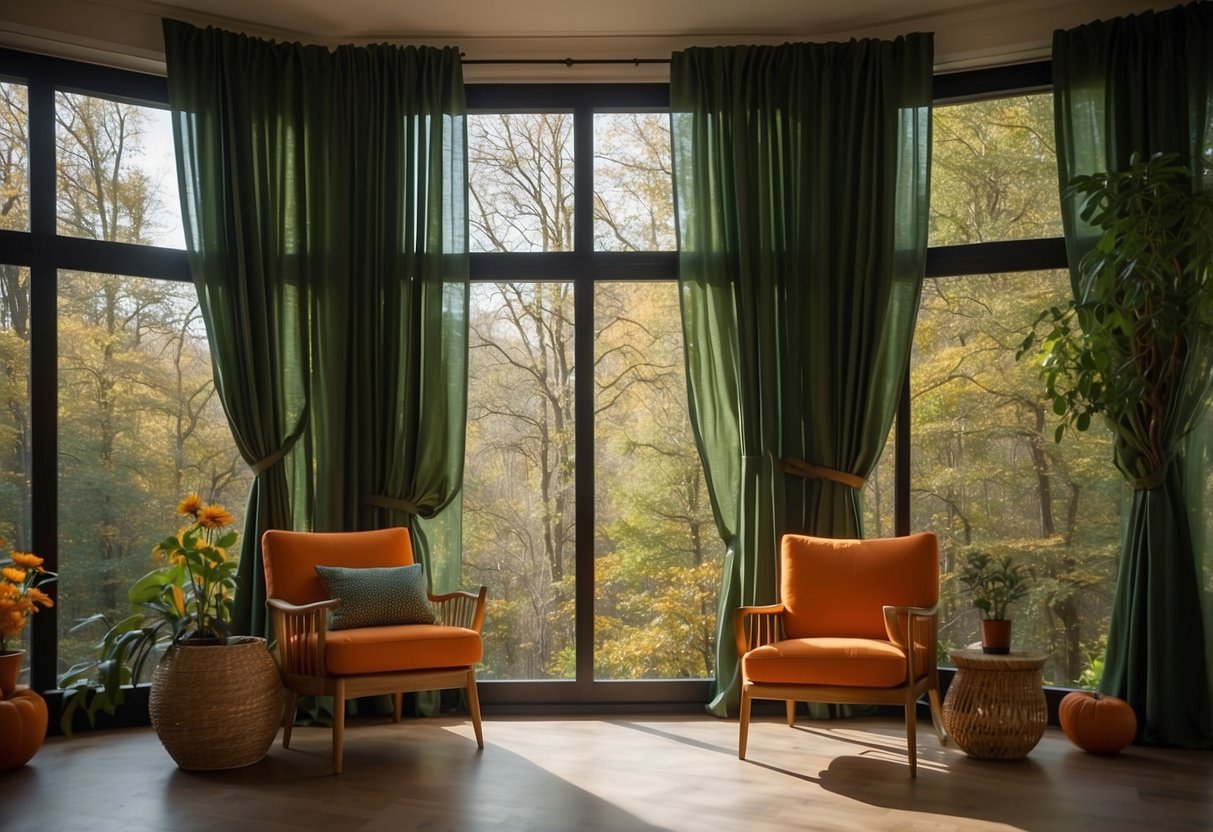 Forest green curtains hang in a sunlit room with orange and green decor accents