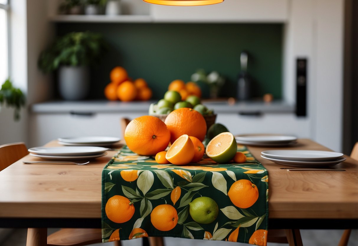 A bright orange and green table runner adorned with citrus fruits and leaves, set against a clean, modern kitchen backdrop