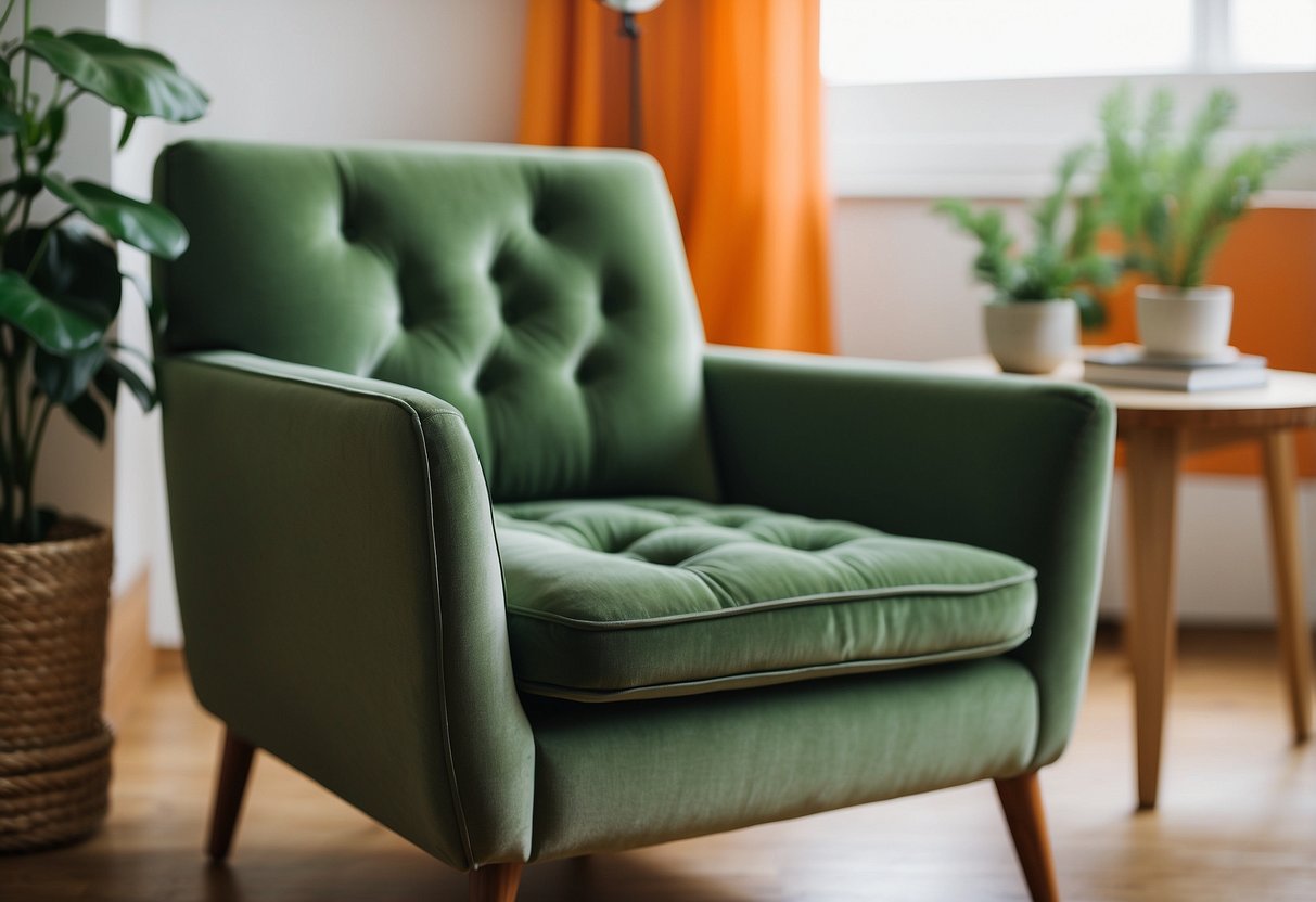 A sage green accent chair sits in a room with orange and green decor