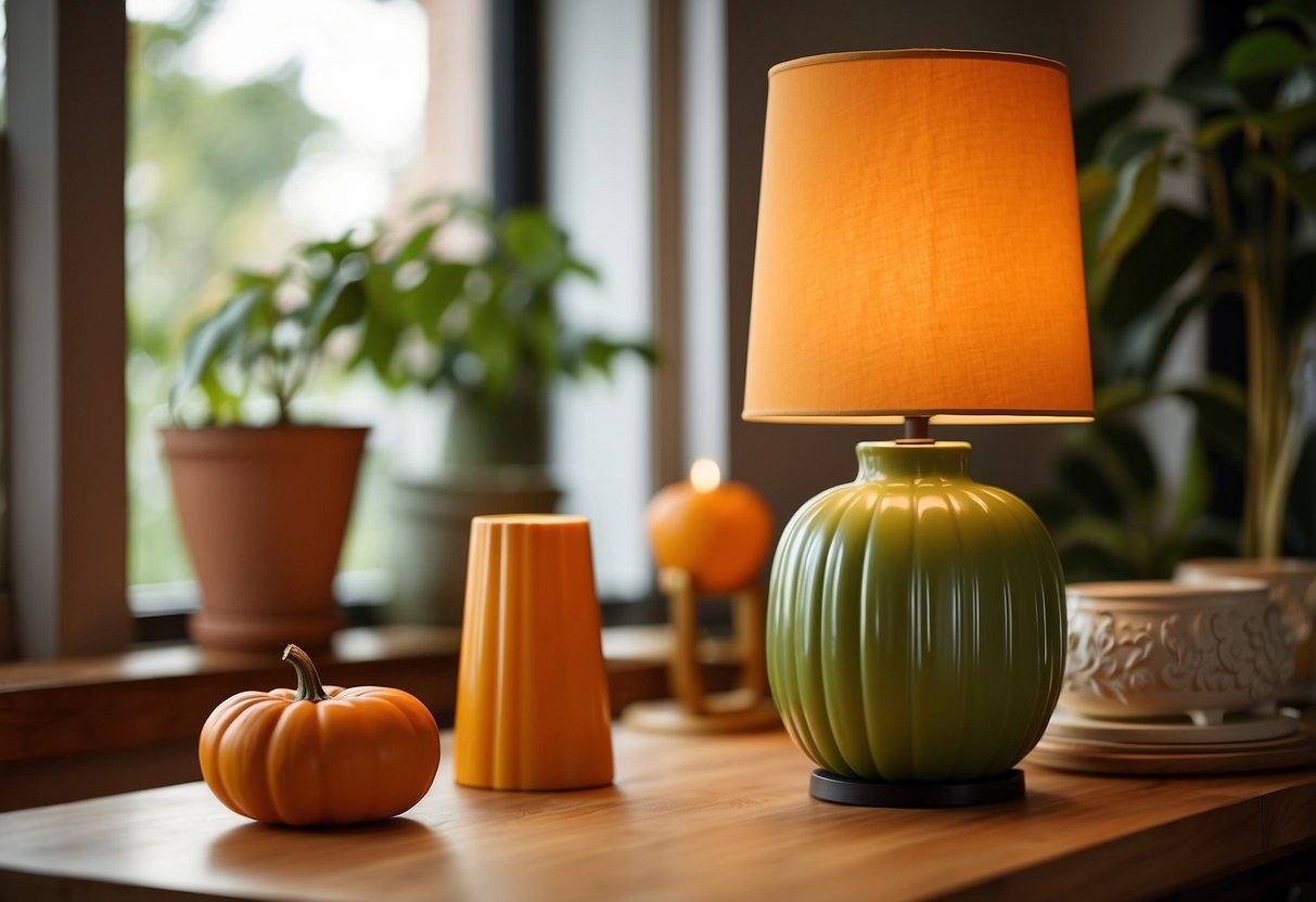 A pumpkin-colored lamp shade sits on a wooden table, surrounded by orange and green home decor items