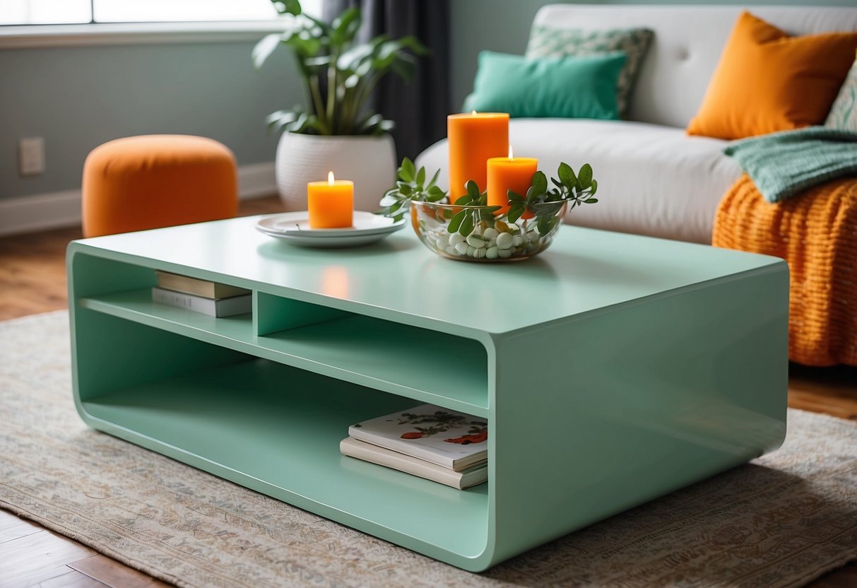 A mint green coffee table adorned with orange and green decor, creating a vibrant and refreshing atmosphere