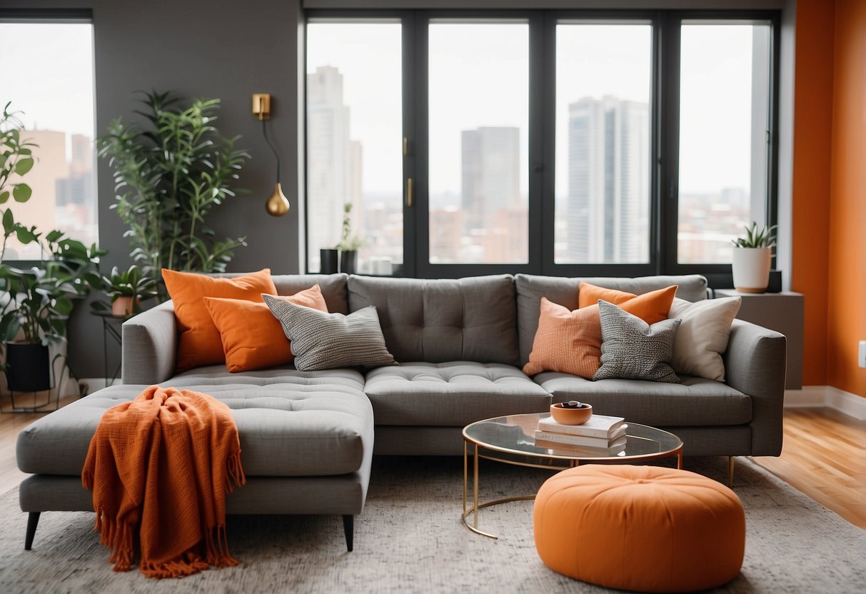 A cozy grey couch with orange throw pillows, a sleek orange accent wall, and modern grey furniture in a well-lit living room