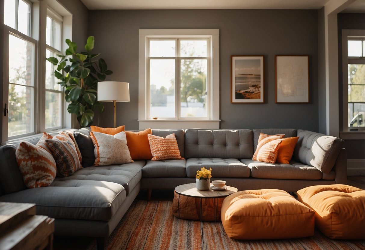 A grey couch with orange throw pillows in a chevron pattern. Sunlight streams through the window, casting a warm glow on the cozy living room