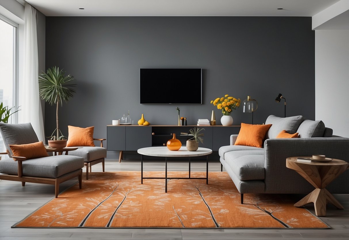 A grey living room with an orange area rug featuring dandelion design