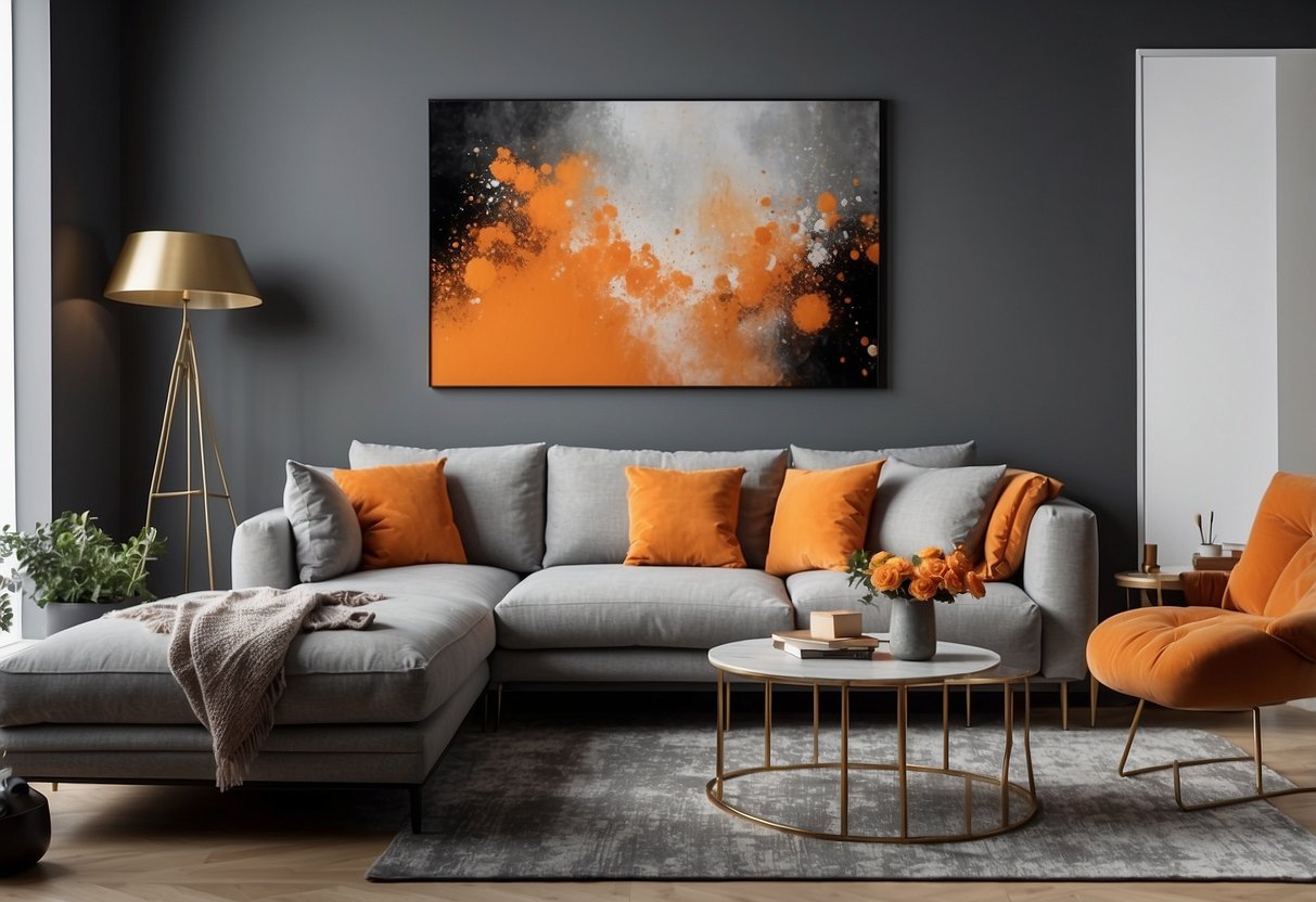 A grey and orange living room with abstract wall art