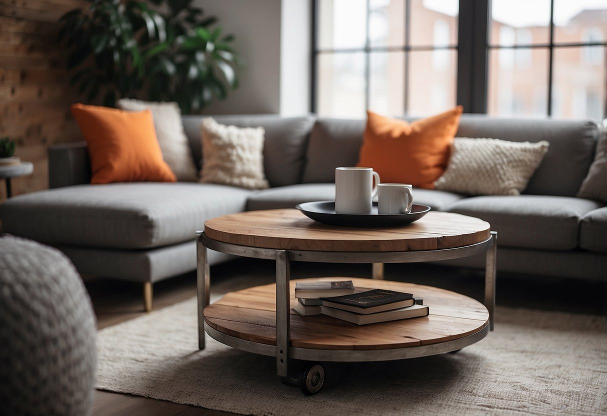 A rustic wood and grey metal coffee table sits in a cozy grey and orange living room, adding a touch of warmth and industrial charm to the space