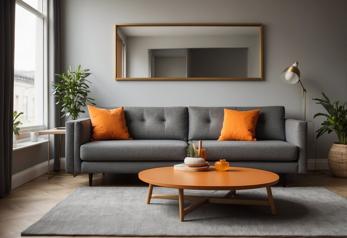 A grey sofa sits against a wall, facing an orange accent mirror. The room is decorated with orange throw pillows and a matching rug