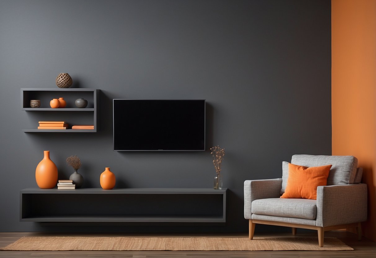 Charcoal grey floating shelves against a grey and orange living room wall