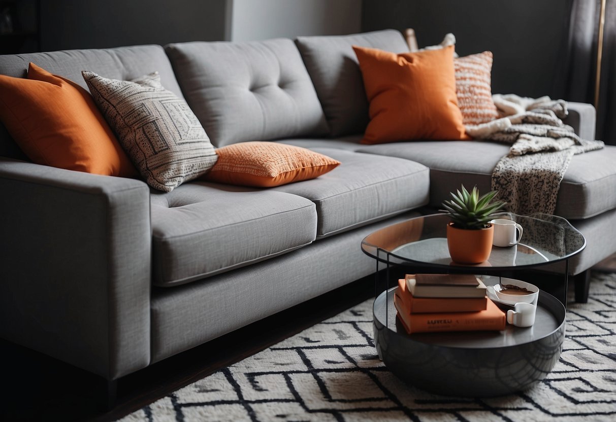 A grey and orange living room with geometric patterned throw pillows, a textured area rug, and a sleek modern coffee table