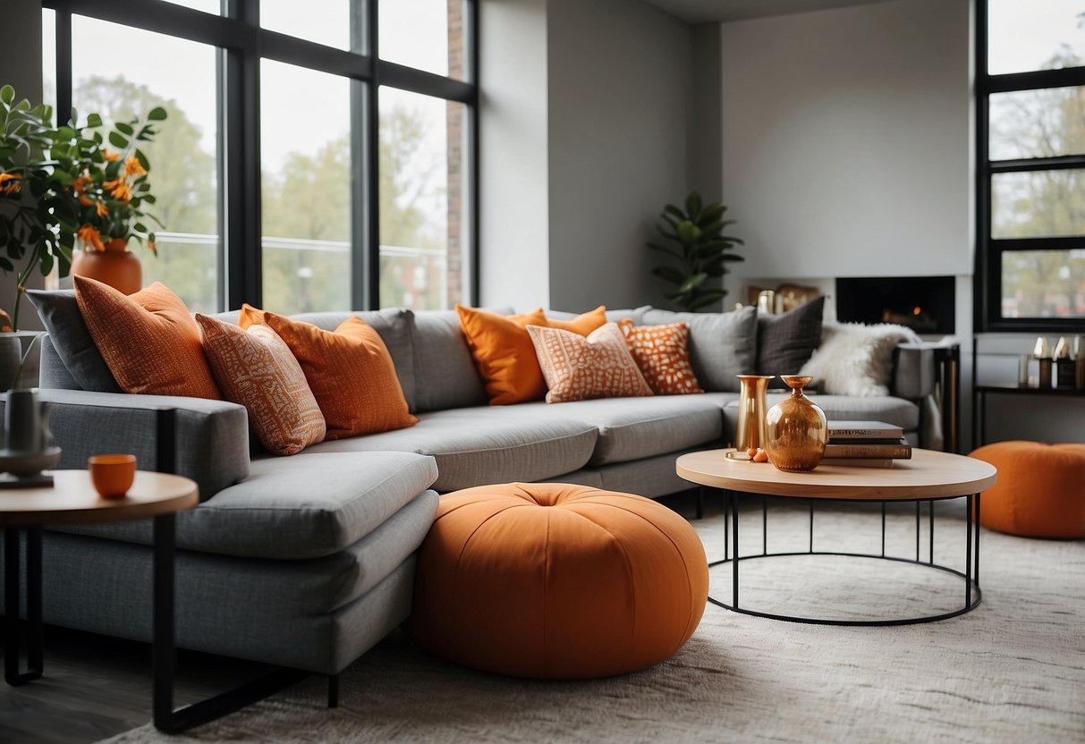 A grey and orange living room with a large window, casting natural light on a modern sofa and coffee table, adorned with orange throw pillows and decorative accessories