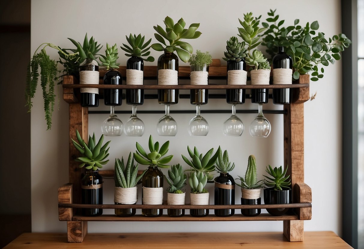 A wine rack repurposed as a plant display, adorned with succulents and hanging greenery, adding a touch of nature to the room decor