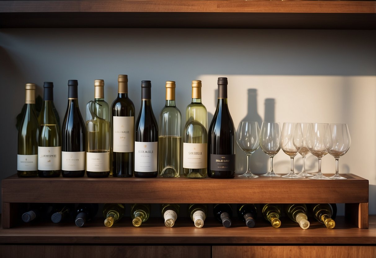 A bookshelf transformed into a wine rack, adorned with decorative bottles and glasses, doubling as stylish home decor