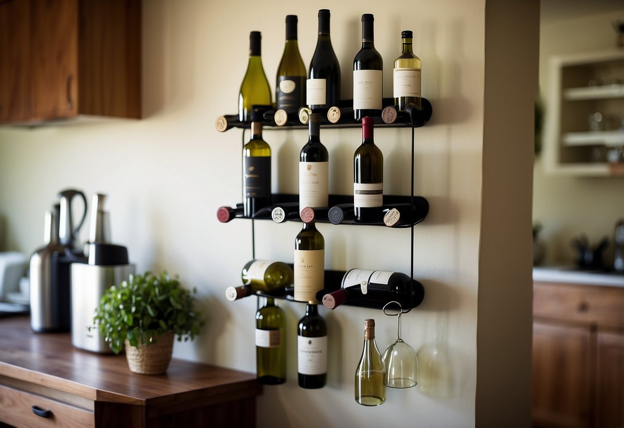 A towel organizer repurposed as a wine rack, adorned with decorative items, enhancing the home decor